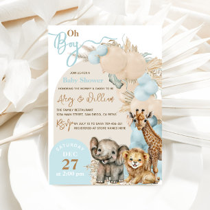 Safari Dier Boho Blue Balloon Boy Baby shower Kaart