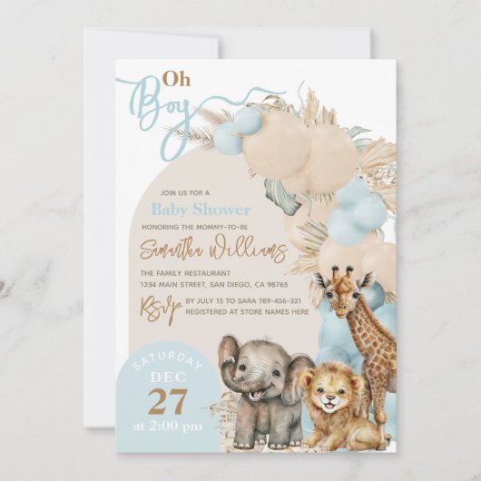 Safari Dier Boho Blue Balloon Boy Baby shower Kaart (Voorkant)