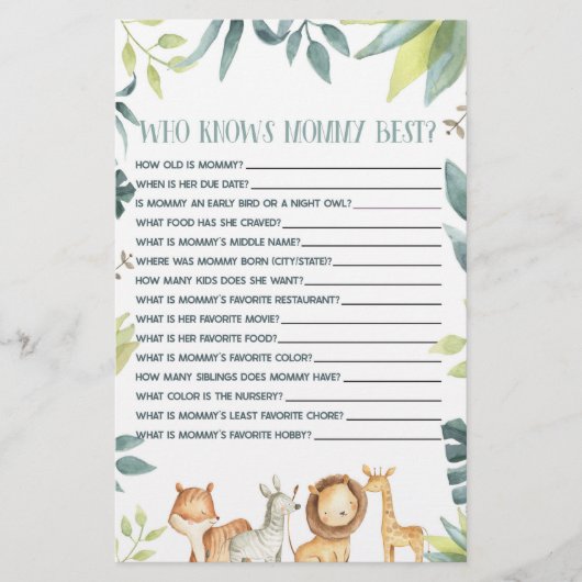 Safari Dier die weet mama Baby shower spel Briefpapier (Voorkant)