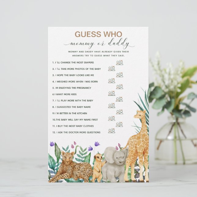 Safari Dier Groen Baby shower Guess spel (Staand voorkant)