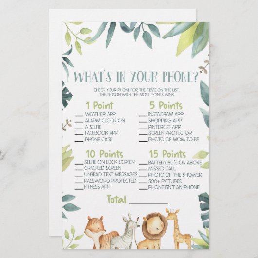 Safari Dier In Uw Telefoon Baby shower Spel Briefpapier (Voorkant / Achterkant)