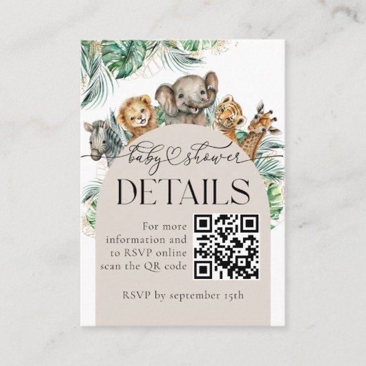 Safari Dier Oerwoud Baby shower details qrcode Informatiekaartje (Voorkant)