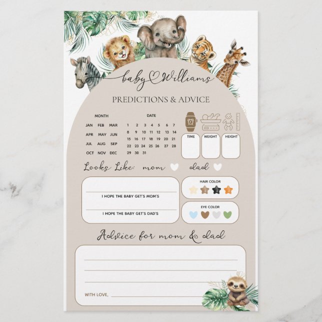 Safari Dier Oerwoud Modern Baby Guesses Spel (Voorkant)