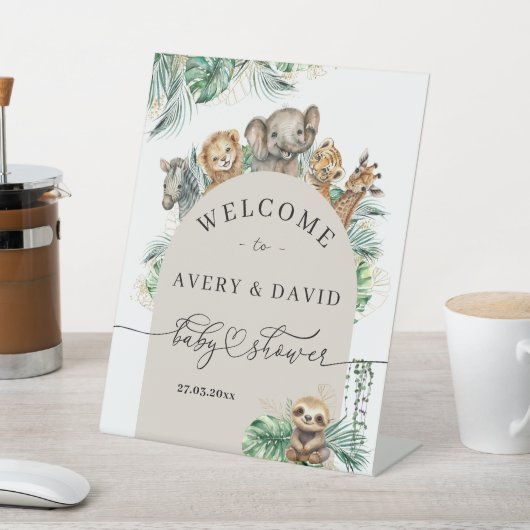 Safari Dier Oerwoud Modern Welkom Baby shower Reclamebord Met Voetstuk (Insitu)