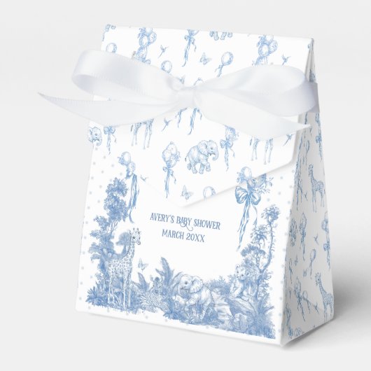 Safari Dier Stoffig Blauw Toile Baby Boy Douche Bedankdoosjes (Voorkant Zijde)