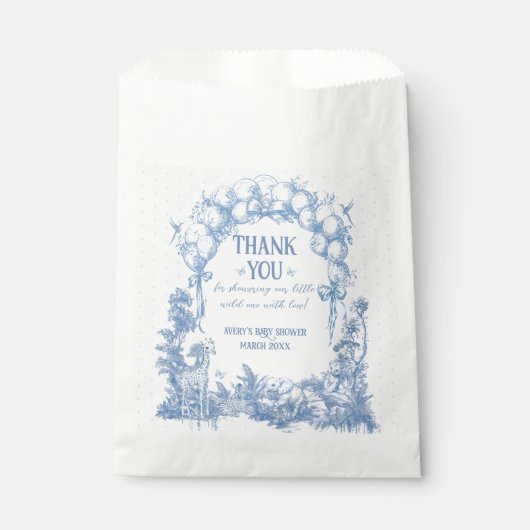 Safari Dier Stoffig Blauw Toile Baby Boy Douche Bedankzakje (Voorkant)