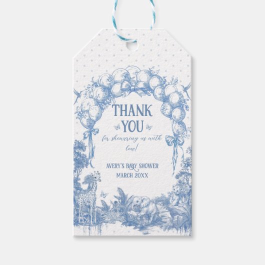 Safari Dier Stoffig Blauw Toile Baby Boy Douche Cadeaulabel (Voorkant)