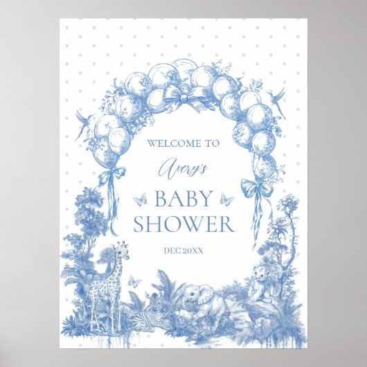 Safari Dier Stoffig Blauw Toile Baby Boy Douche Poster (Voorkant)