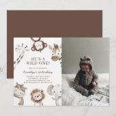Safari dier thema met foto 1e verjaardag kaart (Voorkant / Achterkant)