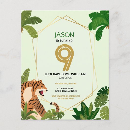 Safari Dier Tijger Budget Verjaardag Uitnodiging (Voorkant)