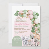 Safari Dier Tropisch Groen Roze Baby Meisje Douche Kaart (Voorkant)