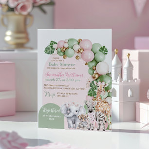 Safari Dier Tropisch Groen Roze Baby Meisje Douche Kaart