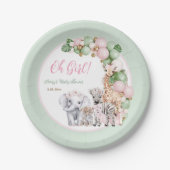 Safari Dier Tropisch Groen Roze Baby Meisje Douche Papieren Bordje (Voorkant)