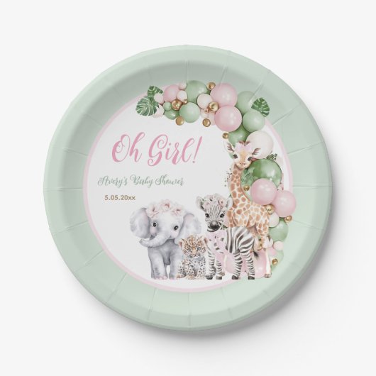 Safari Dier Tropisch Groen Roze Baby Meisje Douche Papieren Bordje (Voorkant)