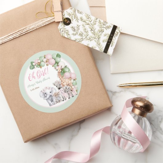 Safari Dier Tropisch Groen Roze Baby Meisje Douche Ronde Sticker (Geschenken)