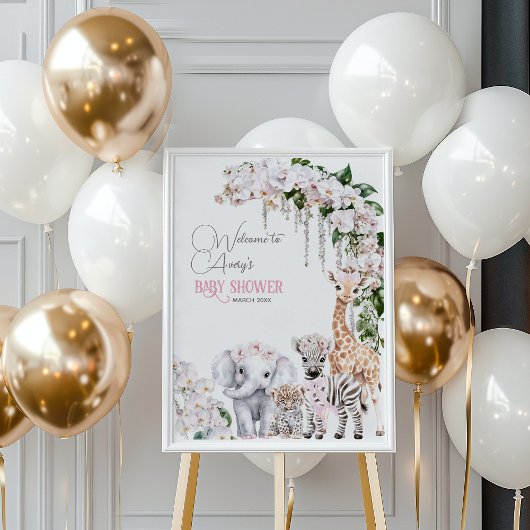 Safari Dier Tropische Bloem Roze Baby Borrel Poster