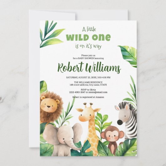 Safari dier waterverf baby shower uitnodiging (Voorkant)