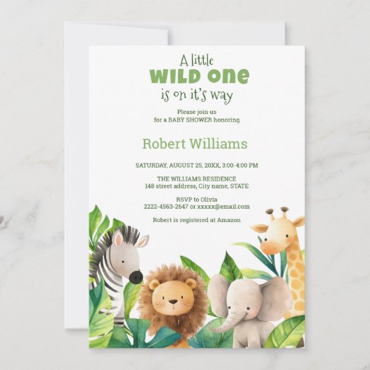 Safari dier waterverf baby shower uitnodiging (Voorkant)