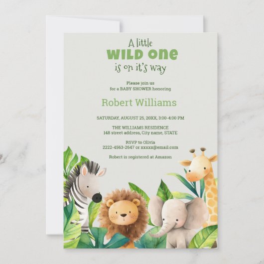 Safari dier waterverf baby shower uitnodiging (Voorkant)