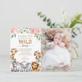 Safari Dier Wild Een Bloemen 1e Verjaardag Foto Bedankkaart (Staand voorkant)