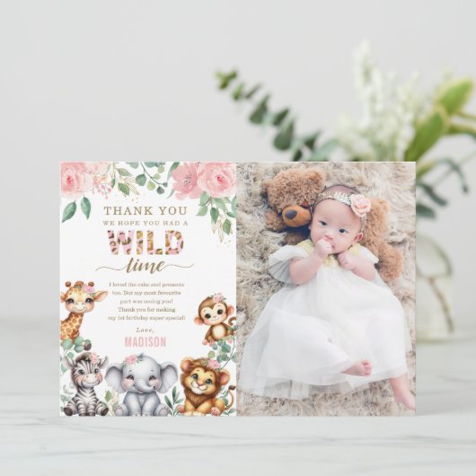 Safari Dier Wild Een Bloemen 1e Verjaardag Foto Bedankkaart (Staand voorkant)