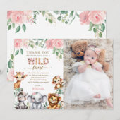 Safari Dier Wild Een Bloemen 1e Verjaardag Foto Bedankkaart (Voorkant / Achterkant)