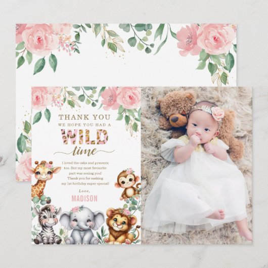 Safari Dier Wild Een Bloemen 1e Verjaardag Foto Bedankkaart (Voorkant / Achterkant)