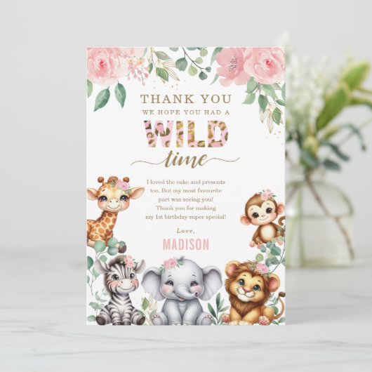 Safari Dier Wild One Blush Bloemen 1e Verjaardag Bedankkaart (Staand voorkant)
