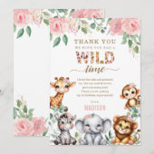 Safari Dier Wild One Blush Bloemen 1e Verjaardag Bedankkaart (Voorkant / Achterkant)