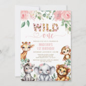 Safari Dier Wild One Blush Bloemen 1e Verjaardag Kaart (Voorkant)