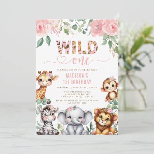 Safari Dier Wild One Blush Bloemen 1e Verjaardag Kaart (Staand voorkant)
