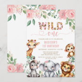 Safari Dier Wild One Blush Bloemen 1e Verjaardag Kaart (Voorkant / Achterkant)