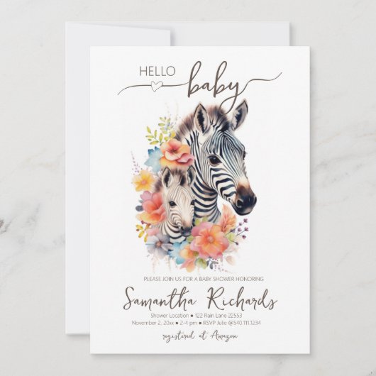 Safari Dier Zebra Bloemige Baby Shower Kaart (Voorkant)