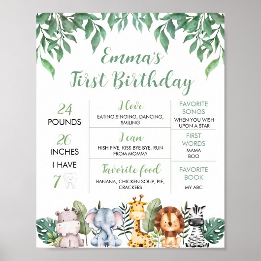 Safari Dieren 1e Verjaardag Mijlpaal Poster (Voorkant)