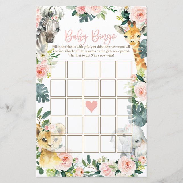 Safari Dieren Baby shower Bingo Kaarten Meisje (Voorkant)