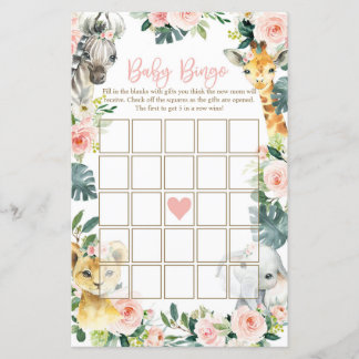 Safari Dieren Baby shower Bingo Kaarten Meisje