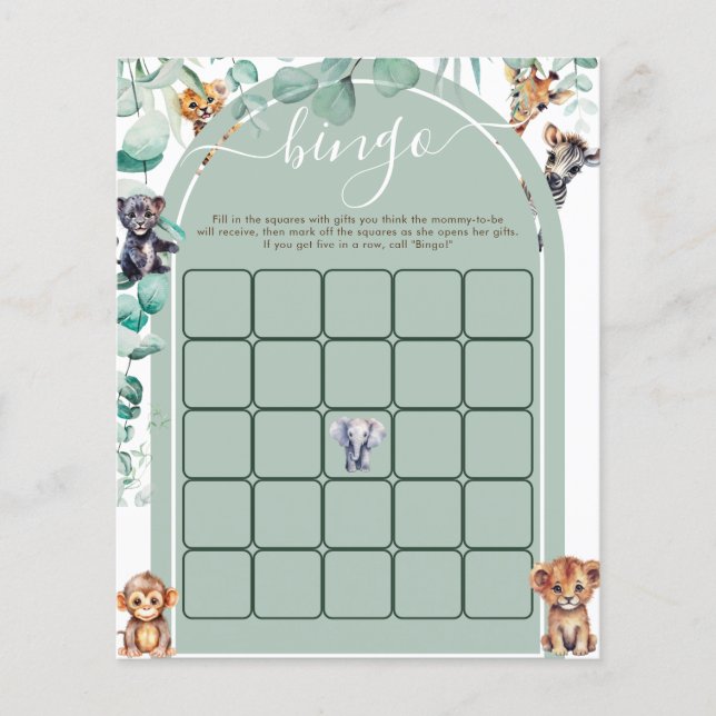 Safari Dieren Baby Shower Bingo Spel (Voorkant)