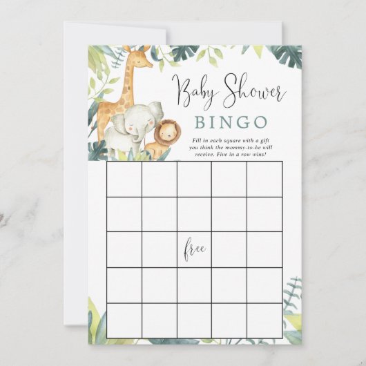 Safari dieren baby shower bingo spel kaart (Voorkant)