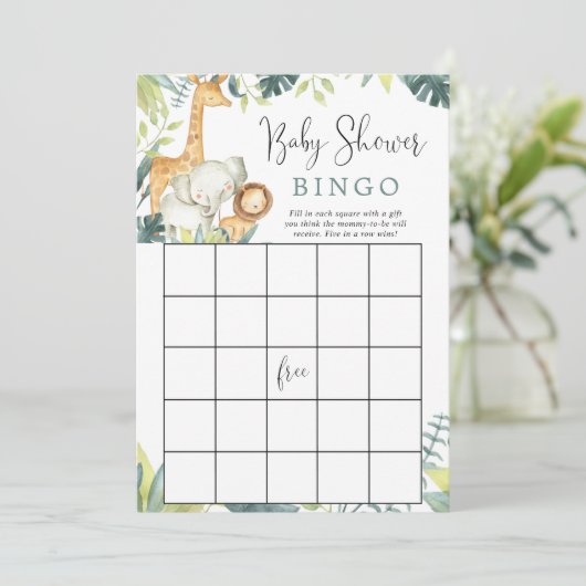 Safari dieren baby shower bingo spel kaart (Staand voorkant)