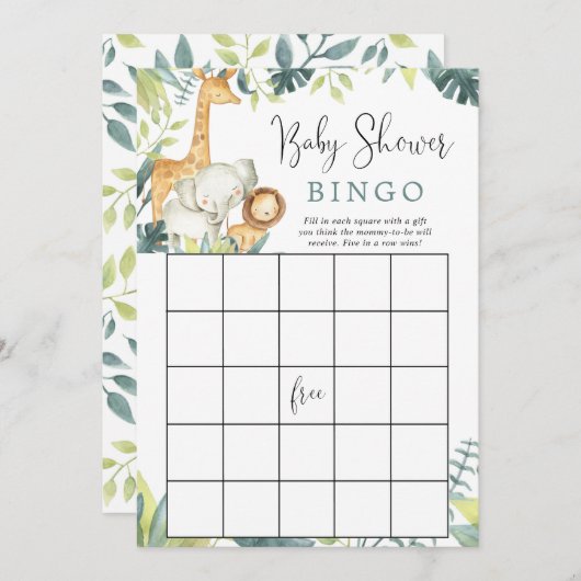 Safari dieren baby shower bingo spel kaart (Voorkant / Achterkant)