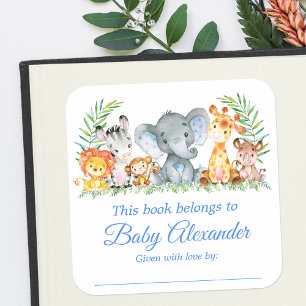 Safari Dieren Baby shower Blauwe Boekplaat Labels