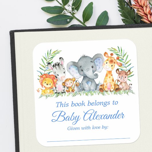 Safari Dieren Baby shower Blauwe Boekplaat Labels