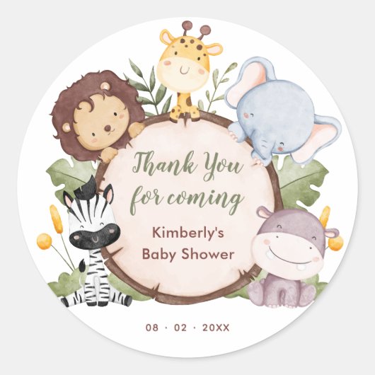 Safari Dieren Baby shower Dank u voor uw plezier Ronde Sticker (Voorkant)