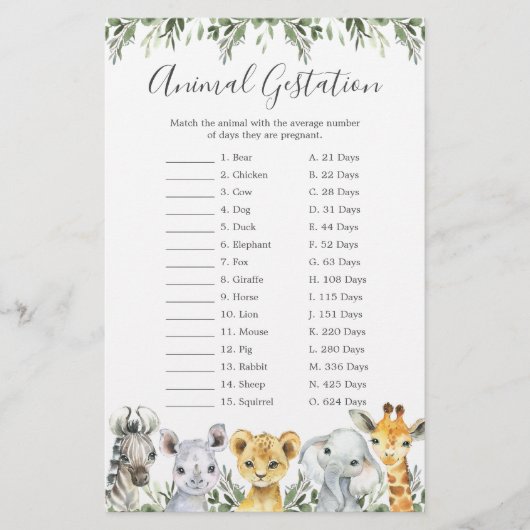 Safari Dieren Baby shower Dierenspel (Voorkant)