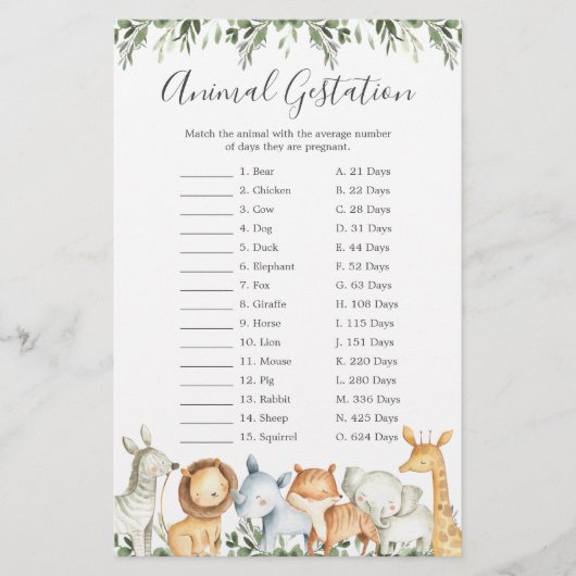 Safari Dieren Baby shower Dierenspel (Voorkant)