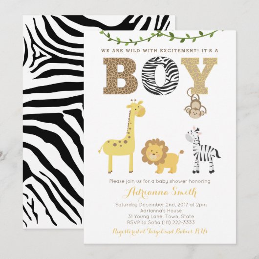 Safari-dieren Baby shower-Kaarten, dierdruk Kaart (Voorkant / Achterkant)