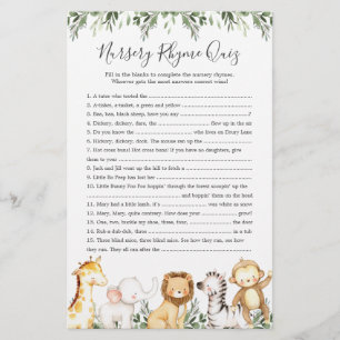 Safari Dieren Baby shower Kwekerij Rhyme Quiz spel
