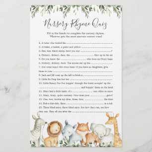 Safari Dieren Baby shower Kwekerij Rhyme Quiz spel