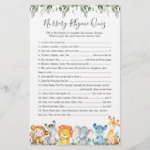 Safari Dieren Baby shower Kwekerij Rhyme Quiz spel (Voorkant)
