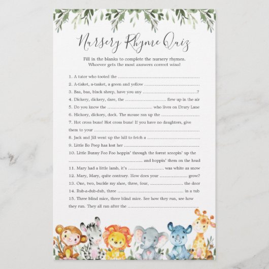 Safari Dieren Baby shower Kwekerij Rhyme Quiz spel (Voorkant)